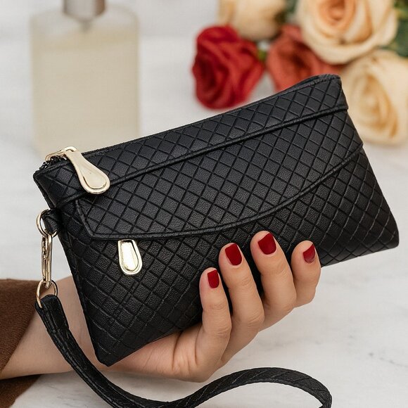 Elegant Women's Diamond Pattern Clutch Wristlet Wallet Black Vegan Leather - Picture 5 of 6
